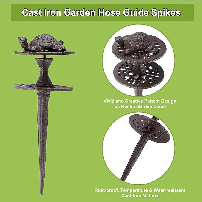 OwnMy Set of 2 Cast Iron Garden Hose Guide Stakes, Heavy-Duty, Decorative Garden Hose Guide Spikes for Lawn, Yard, Outside Plants Protection - Keeping Hoses Away from Flower Beds, Turtle Pattern