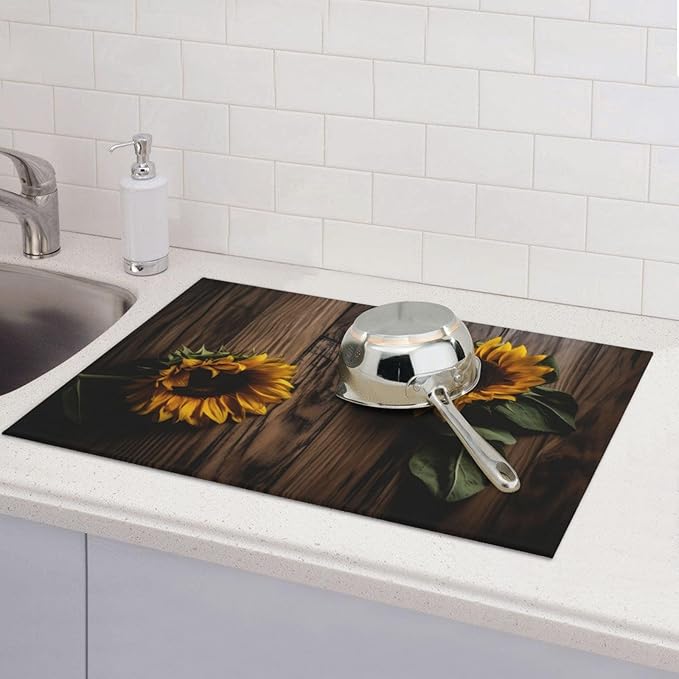 Sunflower (Helianthus Annuus) Dish Drying Mat for Kitchen Counter Decor 18x24 Inch Floral Absorbent Reversible Microfiber Dish Drying Pad Flower Dish Drainer Rack Mats for Coffee Bar