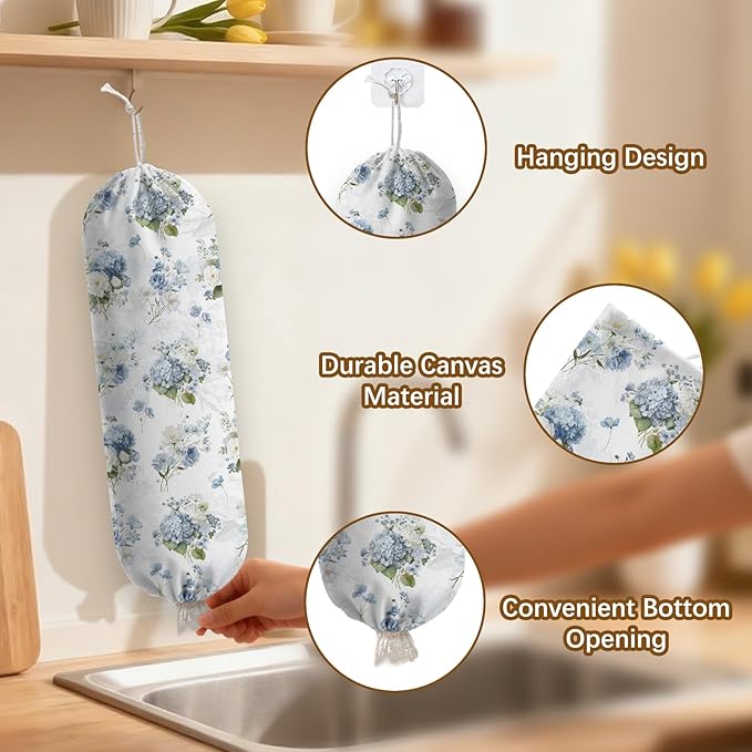 Plastic Bag Holder Dispenser, Floral Plastic Grocery Bag Organizer & Wall Mount Paper Trash Bags Saver Storage for Kitchen Home Pantry Decor, Hydrangea Floral Kitchen Decor