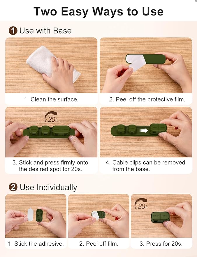 6 Pack Magnetic Cable Clips [1s Open/Lock], Laitver Cord Organizer Holder Strong Adhesive Desk Cable Management- Organize Charging Cords Neatly for Home, Office, Car,Desk, Nightstand-Deep Green