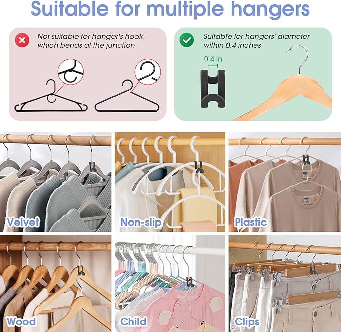 Besslly 100Pcs Space Saving Hanger Hooks, Plastic Clothes Hanger Connector Hooks, Heavy Duty Space Saver Hanger Extender Clips for Closet Organizers, Black