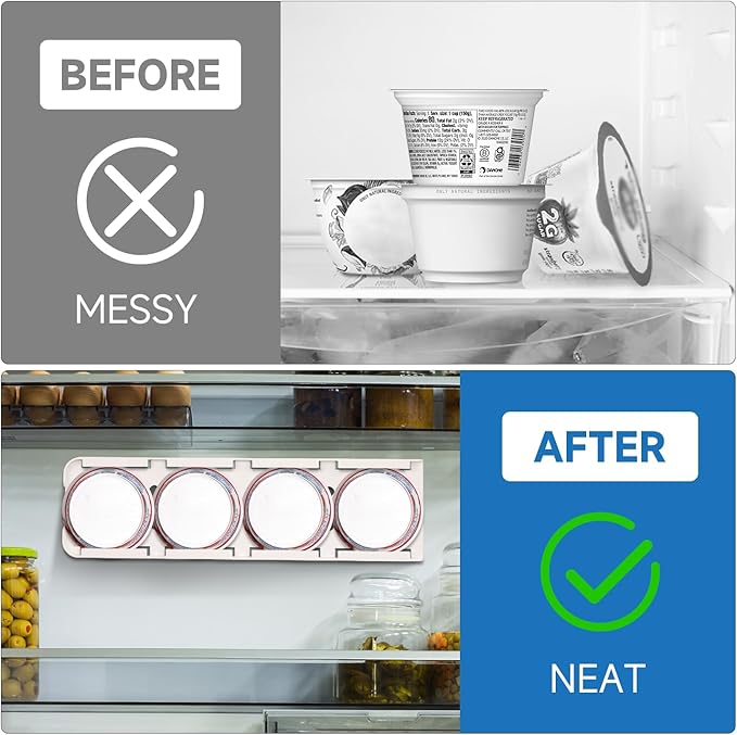 Sophico Yogurt Organizer for Fridge, 4 Capacity Yogurt Sliders for Refrigerator, Yogurt Holder with Adhesive Tapes for 3.75 Inch In Diameter Yogurt, Greek and Vegan Yogurt (White,2 Pack)
