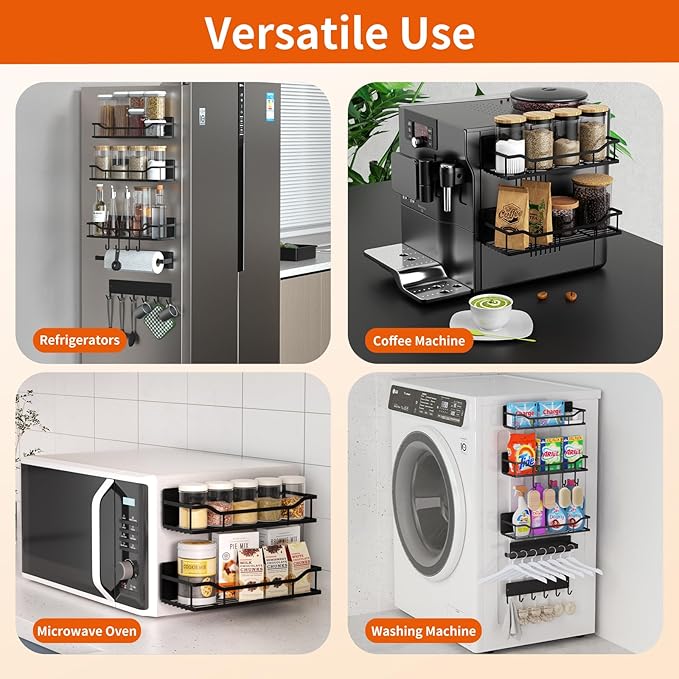Magnetic Spice Rack, Multifunctional Magnetic Shelf for Washing Machine, Refrigerator, Microwave, and Any Metal Surface, Powerful Magnetic Shelves Include Magnetic Paper Towel Holder (5 pcs - Black)