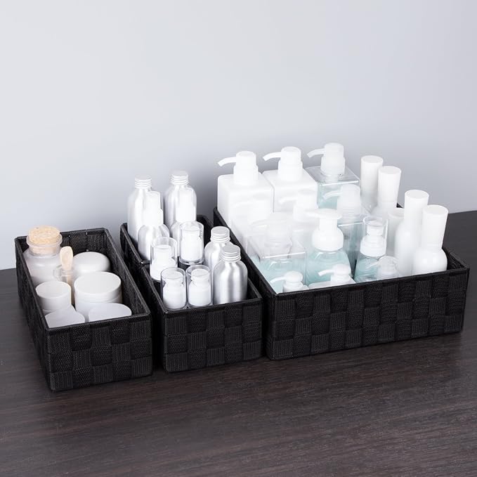 Posprica Small Black Baskets Cube Bin Container Tote, Woven Storage Baskets for Organizing, Organizer Divider for Drawer, Closet, Shelf, Dresser, Set of 4