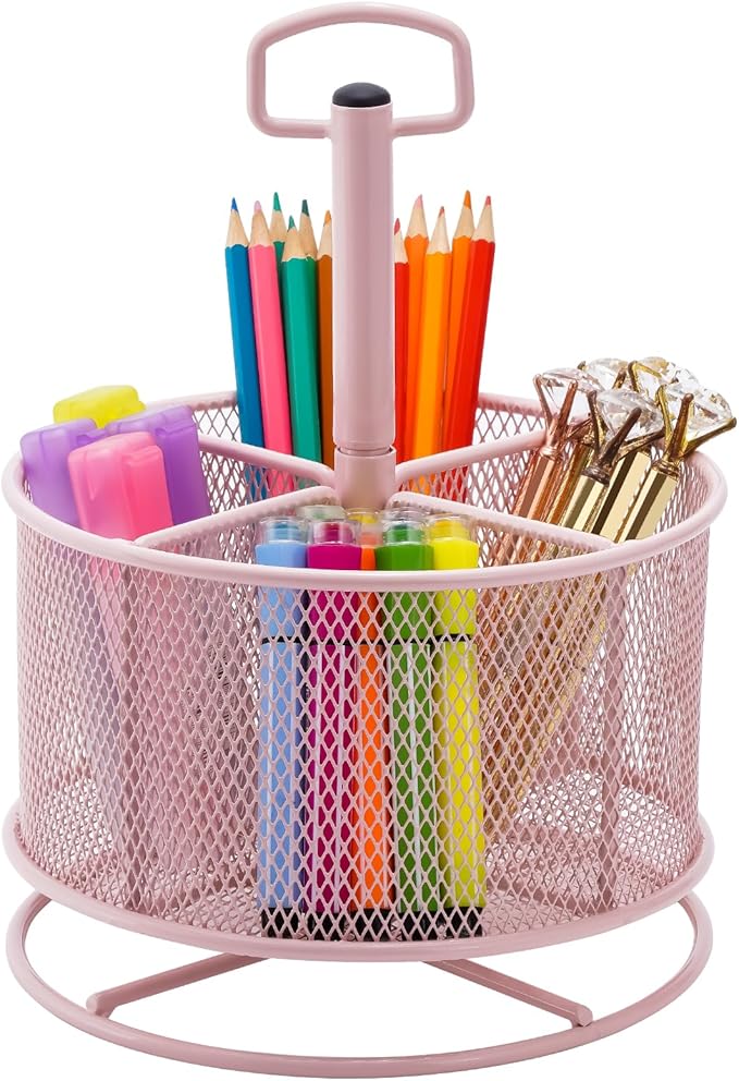 Marbrasse Mesh Desk Organizer, 360-Degree Rotating Multi-Functional Pen Holder, 4 Compartments Desktop Stationery Organizer, Home Office Art Supply Storage Box Caddy (Pink)