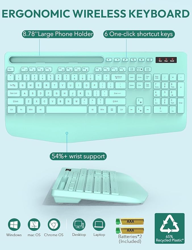 SABLUTE Wireless Keyboard and Mouse, Wrist Rest, Phone Holder, Batteries Included, 2.4G Lag-Free Ergonomic Keyboards Mouse Combo, Silent Keyboard Cordless Set for PC, Laptop, PC, Windows, Mint Green