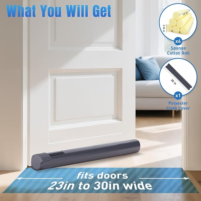 BlissTrends Door Draft Stopper Covers Gaps up to 2.36", Draft Stopper for Bottom of Door Soundproof, Windproof, Dustproof, Block Light, Insect Resistant, Under Door Draft Stopper 30 Inch (Grey)