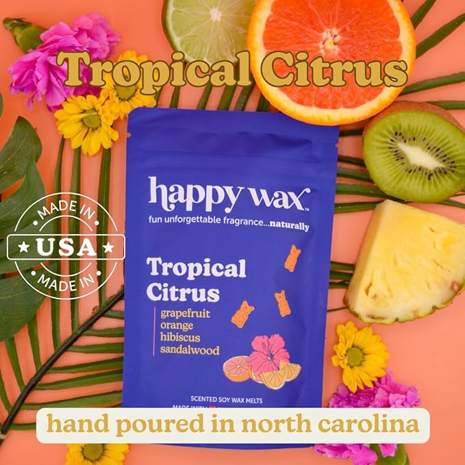 Happy Wax Citrus Mix Natural Soy Wax Melts - 6oz Total - Three 2oz Pouches Including Tropical Citrus, Orange Sorbet & Grapefruit Mangosteen