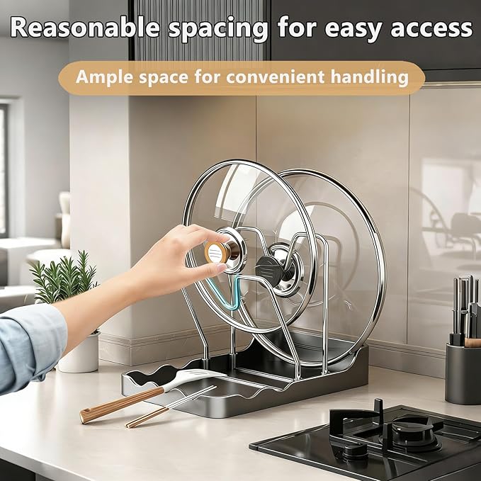 Rottipe Multi-Functional Kitchen Pot Lid Storage Rack - Double Layer Holder for Pots, Cutting Boards, Spoons & Chopsticks - Rust-Resistant Carbon Steel - Black