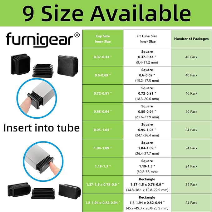 1-3/16" Square Tube End Cap Plastic Plugs Chair End Caps 1.16 Inch (30mm), 1.16" X 1.16" Tubing Plugs Furniture Sliders Glides Black (Fit 1.04-1.09" Square Tube Inner Size, 24pack)