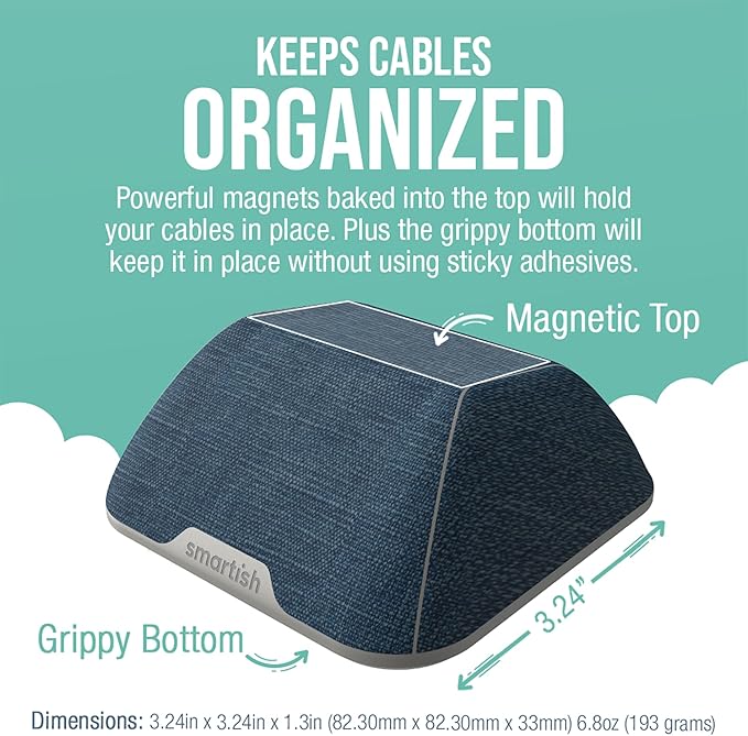 Smartish® Magnetic Cord Holder - Cable Wrangler Organizer with Magnet Clips for Charger Management on Desktop, Nightstand for USB-C + Lightning - Blue Jeanie