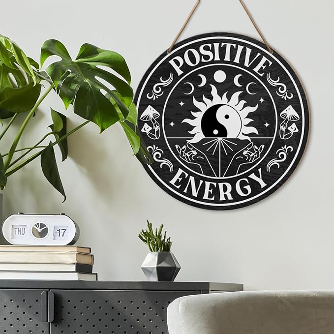 Positive Energy Wall Decor, Yin Yang Positive Energy Zen Wood Hanging Sign Decor, Inspirational Positive Energy Decorations for Home Office Zen Den Room, Positive Gifts for Women Men