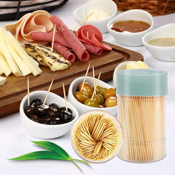 Bamboo Wooden Toothpicks [3000 Count]-With 2-Pack Reusable Toothpick Holder, Sturdy Smooth Finish Tooth Picks, For Appetizer, Olive, Barbecue, Fruit, Teeth Cleaning Toothpicks, Green.