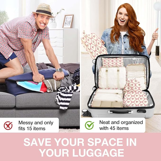 8 Set Packing Cubes for Suitcases, Packing Cube with Shoe, Cosmetics, Clothing, and Accessories Bags, Packing Cubes for Travel, Luggage Organizer for Women and Men (Bow Flowers)