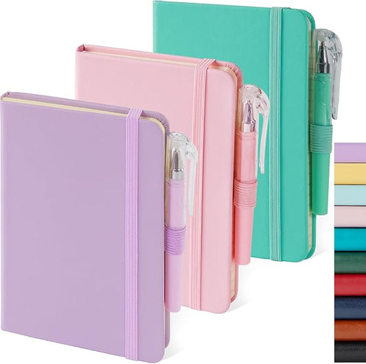 3 Pack Small Notebook Journal with Pen, A6 Mini Pocket Size Notepad Journal Notebook for Women/Men Work, Cute Note Book Note pads, 3.7" x 5.7", Leather, Pink, Purple, Green