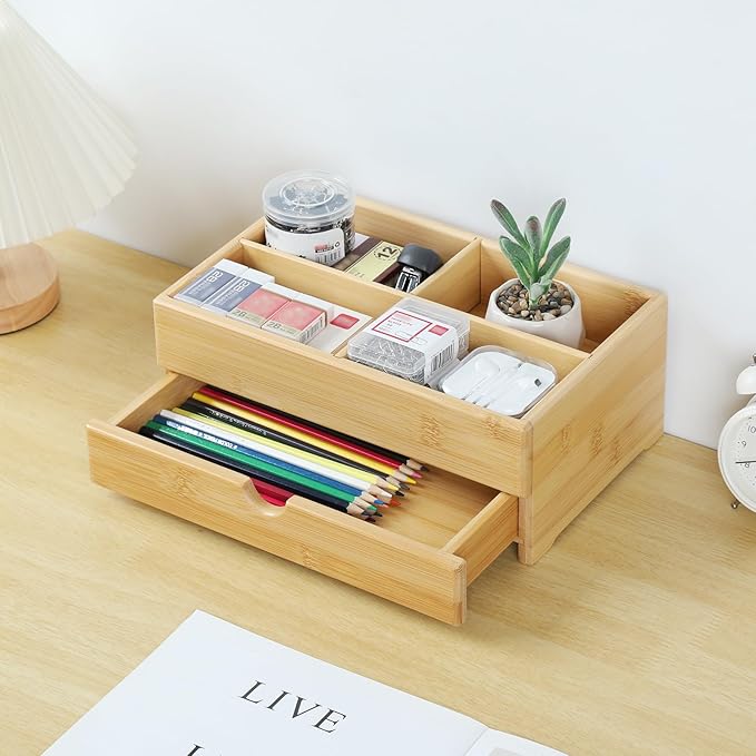 GOBAM Bamboo Makeup Organizer and Storage with Drawer, Wooden Cosmetic Organizer Countertop for Bathroom, Bedroom, Kitchen & Dresser, Desk Organizer with Drawers and Makeup Vanity Station - Medium