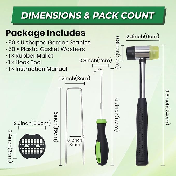 200Pcs Garden Staples +200Pcs Gasket +Pick Hook +Rubber Mallet, 6 Inch Landscape Fabric Stakes Galvanized Weed Barrier Stakes 11 Gauge Landscape Pins U Shape Lawn Staples for Yard, Turf, Sod, Weed Mat