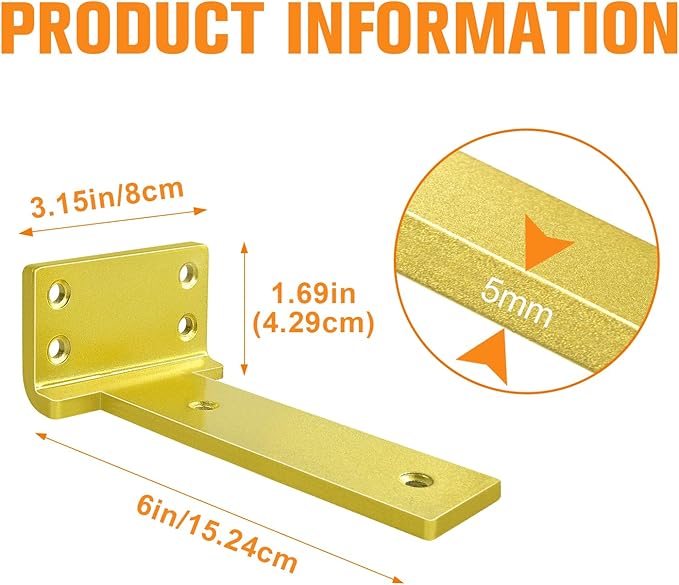 Floating Shelf Brackets 6 inch 4 Pack L Brackets for Shelves Gold Metal Heavy Duty Shelf Bracket for DIY Decorative with Mounting Hardware