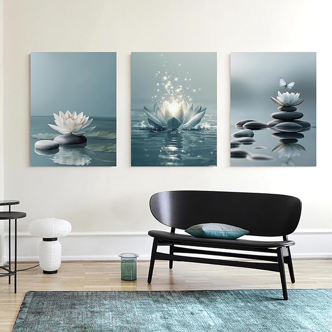 GELDSTEI Calm Zen Botanical Canvas Wall Art, White Lotus Blooming on Stones in Water Aesthetic Pictures, Yoga Spa Meditation Room Decor, Modern Spiritual Poster Prints for Zen Office Framed 16"x24"x3