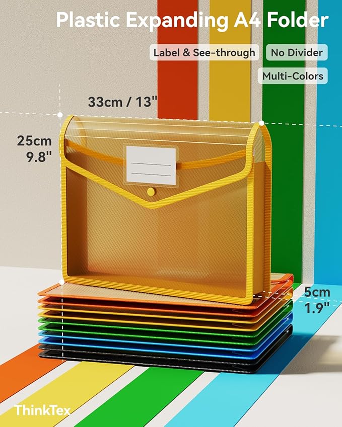ThinkTex Plastic Expanding File Folder, Transparent Envelopes with Snap Closure, No Dividers, Large Capacity, Assorted Colors, Fits Letter / A4 Size - 5 Pack