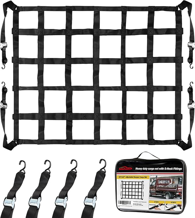 Autofonder Cargo Net for Pickup Truck Bed Adjustable 42"x50" Truck Bed Cargo Netting with S-Hook Fittings 2” Wide Heavy Duty Small Trunk Net Automotive Carrier for SUV Car Trailer