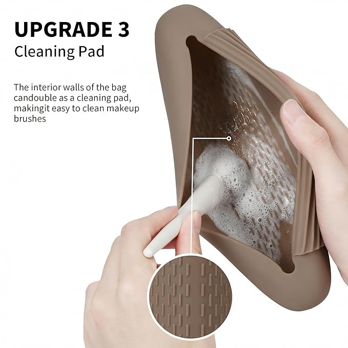 AGIKET Silicone Makeup Brush Holder Travel Cosmetic Bag: Soft Portable Cosmetic Face Brushes Holder with Upgraded Anti-Fall Out Magnetic Closure, Large Travel Makeup Brush Case - Coffea