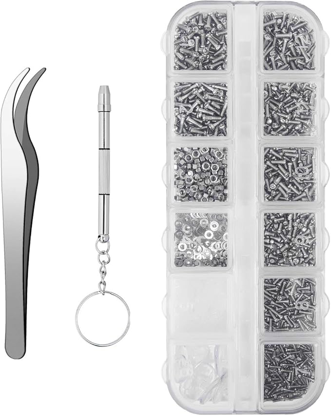 1100Pcs Eyeglasses Repair Kit, Tiny Sunglasses Screws, Glasses Screws and 5 Pairs Nose Pads with Micro Screwdriver Tweezer for Watch Clock Spectacle Eye Glass Repair