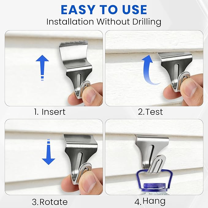 FURWEY 20 Pack Vinyl Siding Hooks, No Hole Vinyl Siding Clips, Heavy Duty Stainless Steel, for Outdoor & Festive Decoration