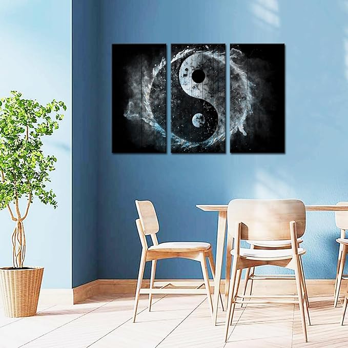Biuteawal 3 Panel Wall Art Yin Yang Symbol on Wood Backgroud Picture Traditional Chinese Culture Art Prints Black White Blue Painting Retro Artwork Home Office Living Room Bedroom Decor Gallery