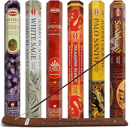 Hem Incense Sticks Variety Pack #30 and Incense Stick Holder Bundle with 6 Classic Fragrances