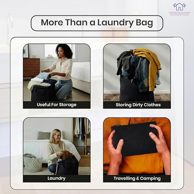 LFH Home Large Premium Cotton Canvas Laundry Bag with Drawstring and Handles Heavy Duty, Multi-Use, and Washable for Home, Travel, College or Storage 24x36 (Pack of 4)-Black