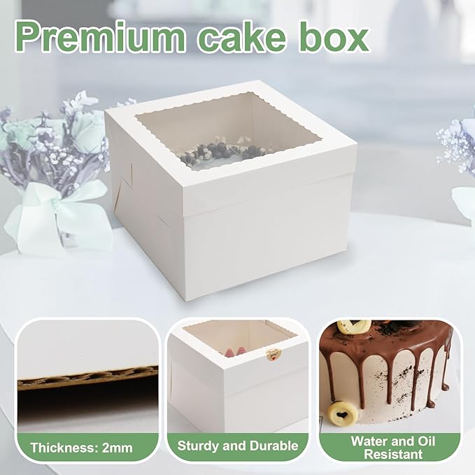 6 Pack Cake Boxes, 12x12x8 Inches Tall Cake Box with Cake Boards, White Bakery Boxes with Large Window, Disposable Cakes Transport Containers with Lids, for Cookies, Pies, Wedding, Birthday