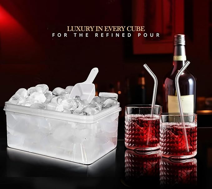 56pcs Ice Cube Tray with Lid and Bin – Stackable 4 Trays Silicone Plastic Freezer Mold, Large Ice Bucket with Scoop, Tong & 2 SS Straws – Easy Release Ice Maker for Cocktail, Coffee, RV, Whiskey