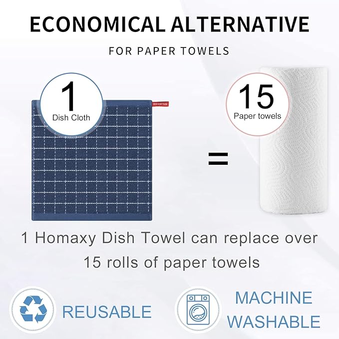 Homaxy 100% Cotton Terry Kitchen Dish Cloths, Ultra Soft and Absorbent Dish Towels for Kitchen, Suitable for Drying and Washing Dishes, 18 Pack, 12 x 12 Inches, Navy Blue