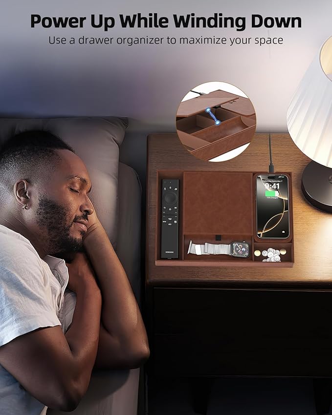 Valet Tray with Wireless Charger, Nightstand Organizer, Leather Desk Drawer Organizer Tray with 7 Compartments for Jewelries, Watch, Key, Wallet, Phone, Brown