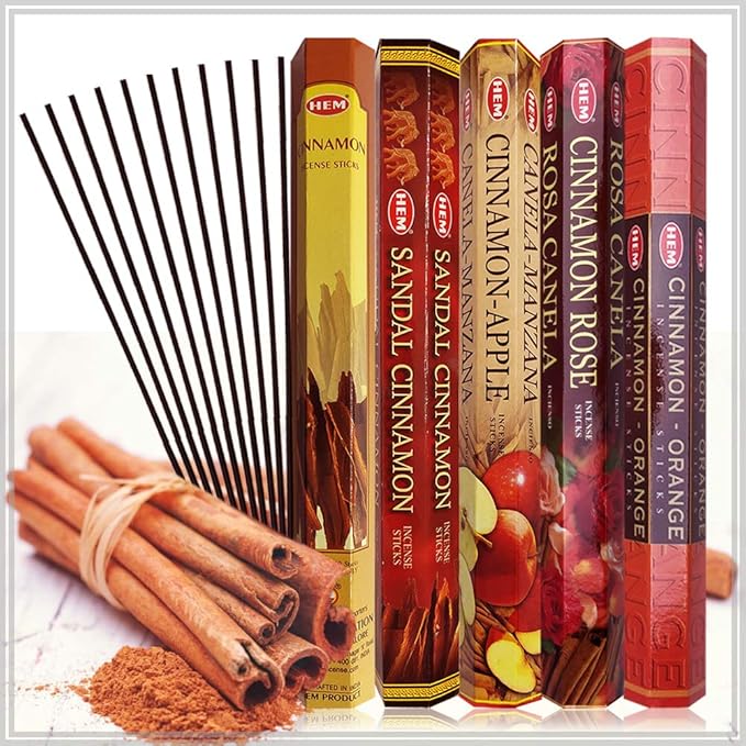 Hem Incense Sticks Variety Pack #8 and Incense Stick Holder Bundle with 5 Cinnamon Based Fragrances