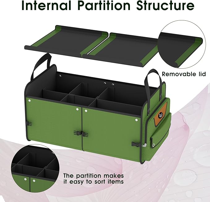 Car Trunk Organizer for SUV, 70L Heavy Duty Waterproof Trunk Organizer, Foldable Vehicle Organizer with Anti-Slip Base, 24”x13.8”x11.8”, GREEN-M003