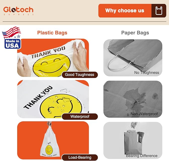 Glotoch 1000 Count Plastic Thank You T-shirt Bags Smile Face, 11.5 x 6.5x 21" HAVE A NICE DAY Grocery Shopping Gift Bag with Handle for Restaurant, Retail, Takeout, Convenience Store, in Bulk Business