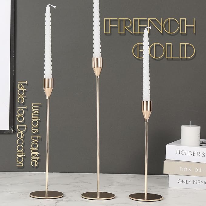 6Pcs French Gold Candlestick Holders Set Fit 3/4" Tall Taper Candle Home Decorative Table Centerpieces for Family Dinning, Party Decoration