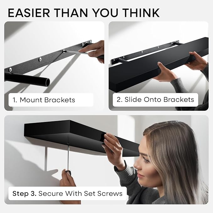 Homeforia Floating Black Shelf 60 inch, High End Solid Real Wood 60 inches Long Floating Shelves for Wall, Black Wooden 60inch Large Floating Shelves, Heavy Duty Bracket, 60 X 6.5 X 1.75 in, Set of 3
