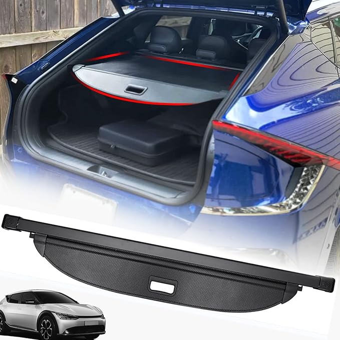 Volcaner Cargo Cover for Kia EV6 Accessories,Carbon Fiber Texture Retractable Rear Trunk Organizer Trunk Cover Privacy Security Screen Shield Shade for 2022 2023 2024 2025 Kia EV6 Accessories