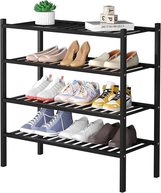 ROMGUAR CRAFT 4 Tier Bamboo Shoe Rack for Closet, Free-Standing Wood Shoe Shelf for Entryway Small Space, Stackable, 27"x11"x26" (Black)