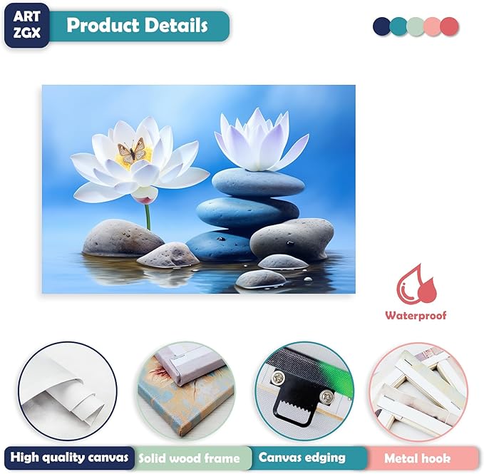 ARTZGX Zen Canvas Wall Art for Bathroom Lotus Pictures Blue Spa Stone Painting Butterfly Flower Artwork for Yoga Decor Frame(Zen - B 28.00" x 42.00")