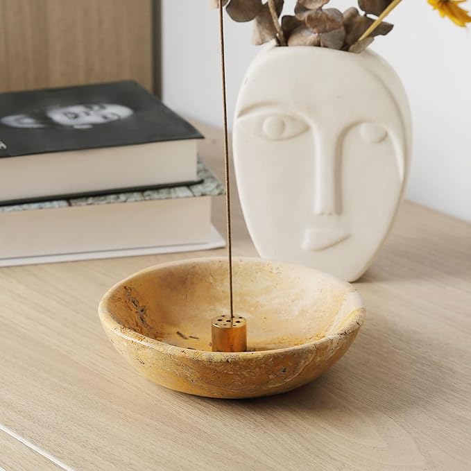Koville Turkish Natural Travertine Incense Holder, 6" Incense Holders for Sticks, Sturdy Incense Burner Ash Catcher, Ideal for Meditation, Relaxing, Easy to Clean