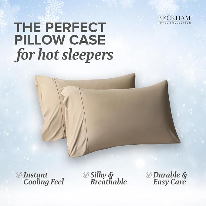 Beckham Hotel Collection Cooling Pillowcases for Hot Sleepers, King Size Set of 2, Cool Bedding, Envelop Closure, Silky Soft, Breathable, Moisture-Wicking, Sand