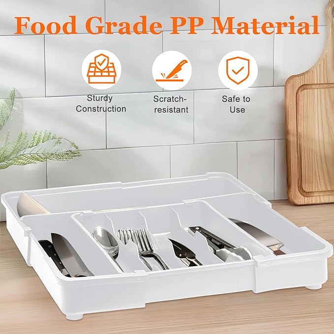 Expandable Silverware Drawer Organizer - 7 Compartments BPA-Free Kitchen Utensil Tray, Adjustable 12.6”×9.5" to 19"×15.2", Cutlery Drawer Organizer, Gray