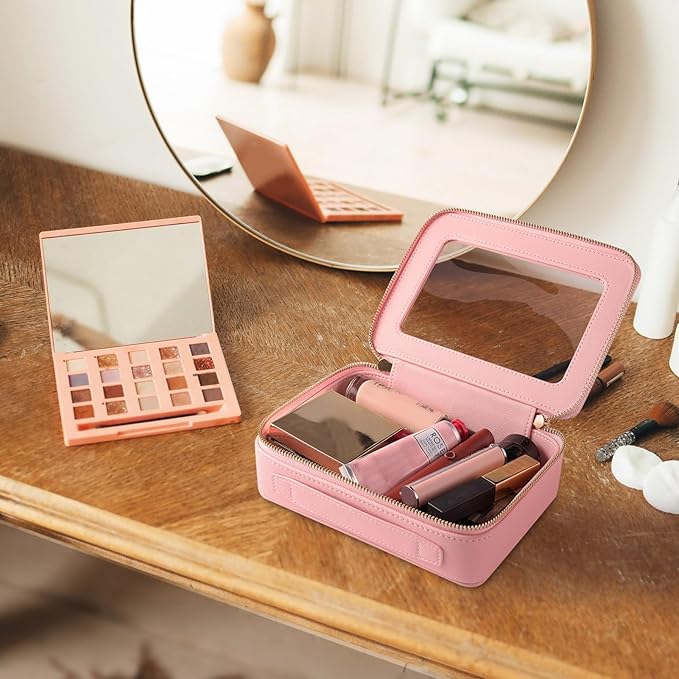 Aveniee Clear Makeup Bag Organizer Set, Portable Travel Toiletry Case for Women, Vegan Leather Cosmetic Pouch Car Bag for Essentials 2pcs, Middle & Large, Pink