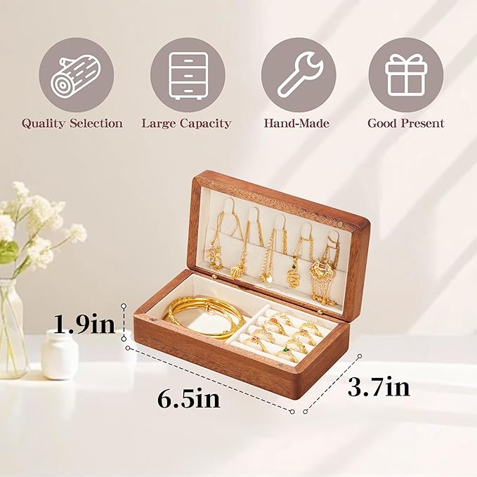 Travel Jewelry Case Small Wood Jewelry Organizer Jewelry Box for Women (Nut-Brown Print G)