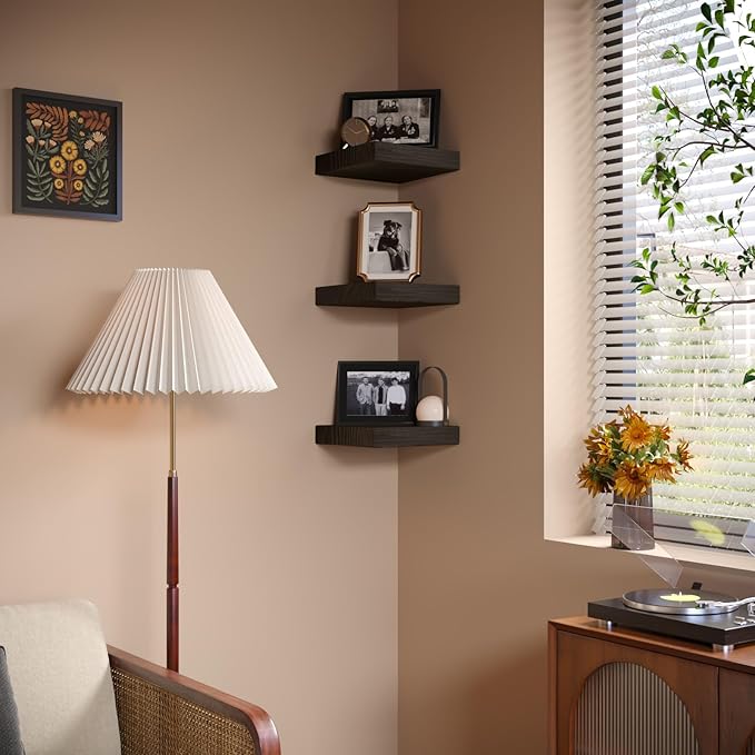 Small Floating Shelves for Wall - 9 Inch Square Rustic Brown Shelves for Bedroom, Living Room, Bathroom, Kitchen, Office Decor Set of 3