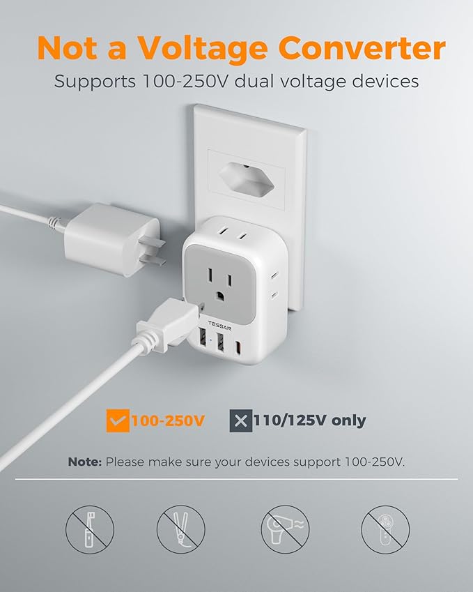 TESSAN Brazil Plug Adapter 2 Pack, 7-in-1 US to Brazil Power Adapter with 3 USB Ports (1 USB-C PD 20W Port), 4 American Outlets, Type N Travel Adapter for USA to Brazilian